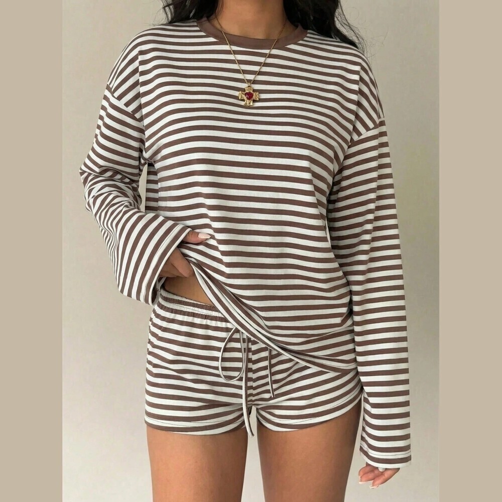 Brown White Striped Knit Long Sleeve T-Shirt and Drawstring Shorts Set